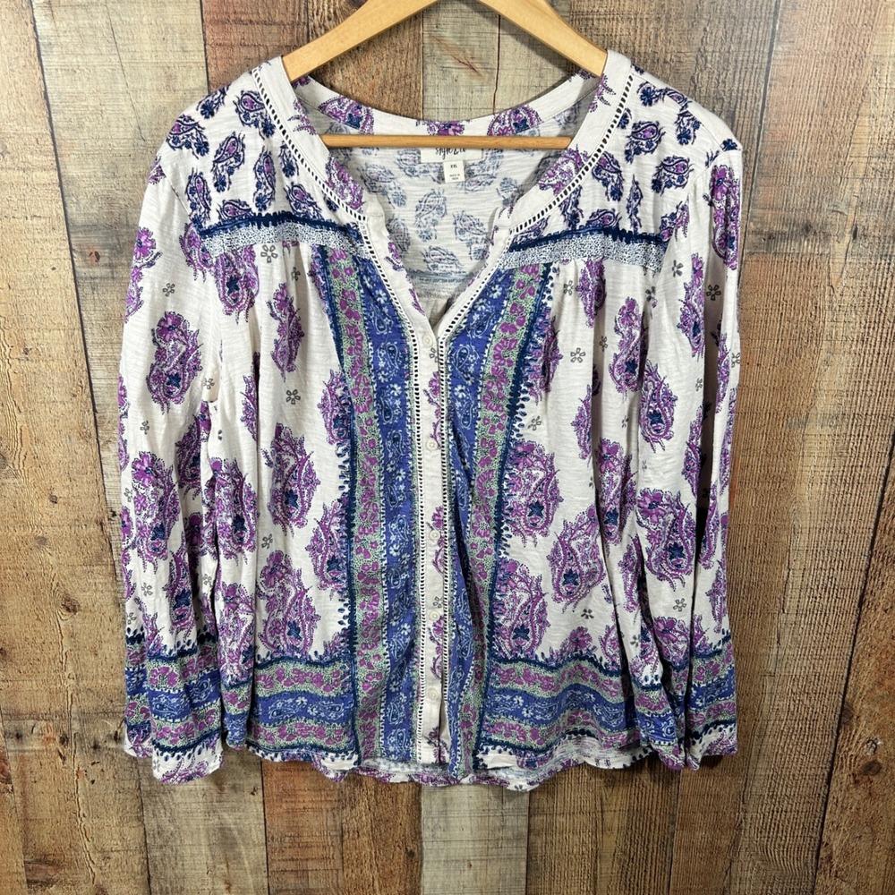 Style & Co XXL Boho Paisley Peasant Top Purple Blue Crochet Cottagecore Relaxed